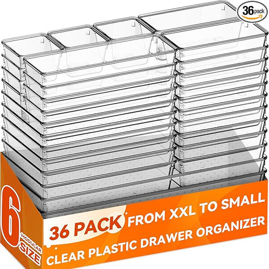 36 Pack Large Clear Plastic Drawer Organizer Bins