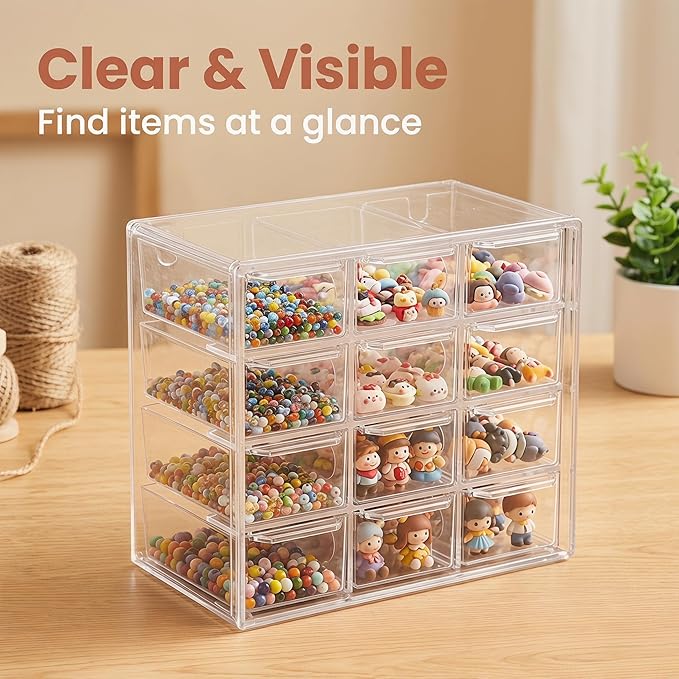 Acrylic Drawer Organizer, Clear Desk Organizer with Drawer, Plastic Stackable Storage Drawers with 12 Drawers, Dustproof for Jewelry, Craft, Office Supplies