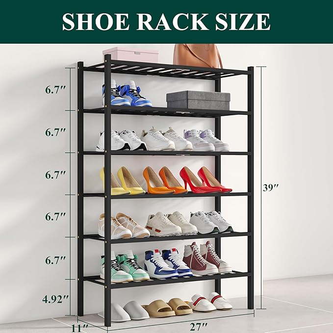 Smiry Bamboo Shoe Rack, 6 Tier Free Standing Wooden Shoe Organizer, Stackable Wood Shoe Storage Shelf for Closet, Entryway, 12 Vertical Slats, 2+2+2 Stack Standard Legs, 26.8"x11"x39", Black