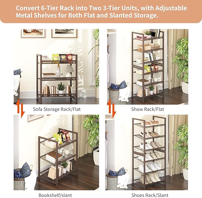 6 Tier Shoe Rack, Stackable Shoe Storage with Mesh Shelves, Holds 12-15 Pairs, Metal Shoe Organizer for Entryway Closet Garage, Bronze