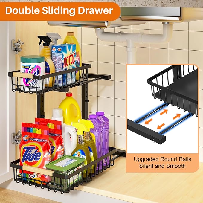 REALINN Under Sink Organizer, Height Adjustable 2 Tier Pull Out Cabinet Storage, L-Shaped Drawer Organizer for Kitchen Sink Organizer, Bathroom Organizers and Storage, Smooth Sliding Rails, Black