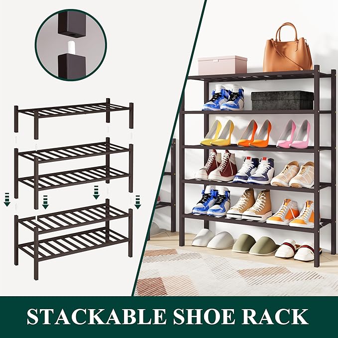 Smiry Bamboo Shoe Rack, 5 Tier Free Standing Wooden Shoe Organizer, Stackable Wood Shoe Storage Shelf for Closet, Entryway, 12 Vertical Slats, 2+2+1 Stack Standard Legs, 26.8"x11"x32.5", Brown