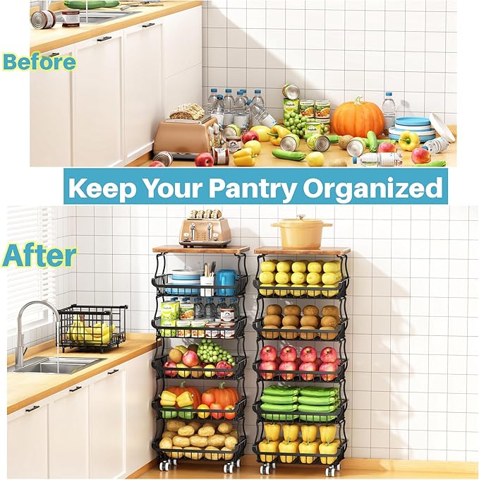 6 Tier Pantry Organizers and Storage Vegetable Fruit Basket for Kitchen, Stackable Flexible Design (3+3, 4+2, 5+1,6+0) Pantry organizers and storage for Kitchen Bathroom Livingroom Laundry Room Cart