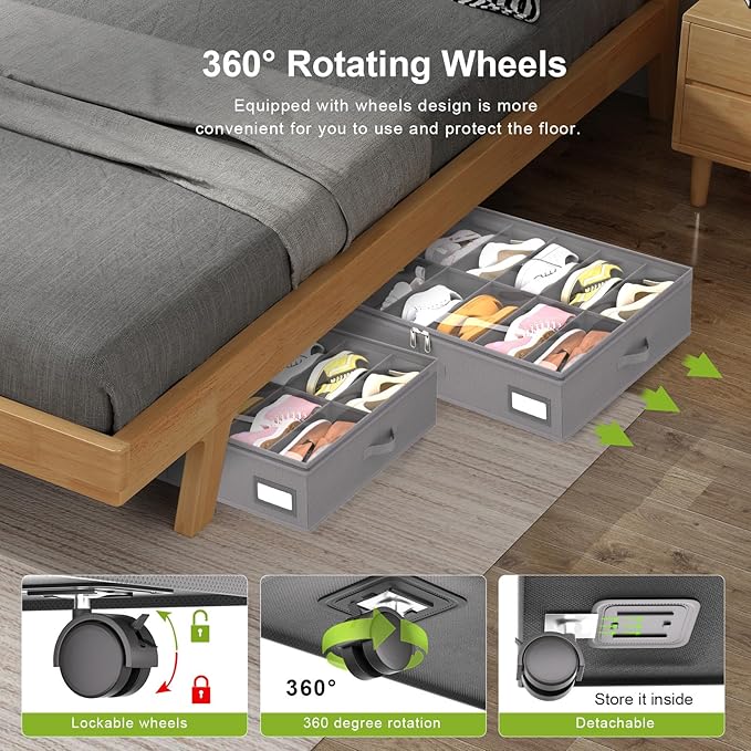 Under Bed Shoe Storage with Wheels, Fits 24 Pairs, Grey
