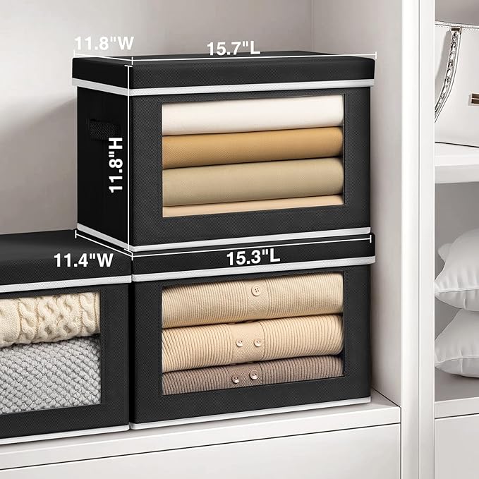 Homsorout Stackable Storage Bins with Lids - Large Decorative Basket with Lids, Fabric Foldable Closet Organizer Bins, Shelf Organizer for Living Room, Dorm, 5 Pack, Black