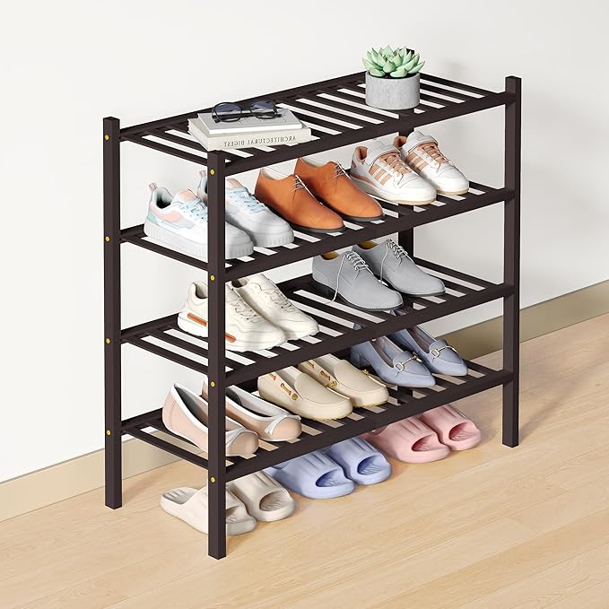 Smiry Bamboo Shoe Rack for Closet, 4 Tier Wooden Shoe Organizer, Stackable Wood Shoe Storage Shelf for Entryway, 14 Vertical Slats, 2+2 Stack Heavy-Duty Legs, 26.77"x11.02"x25.98", Brown