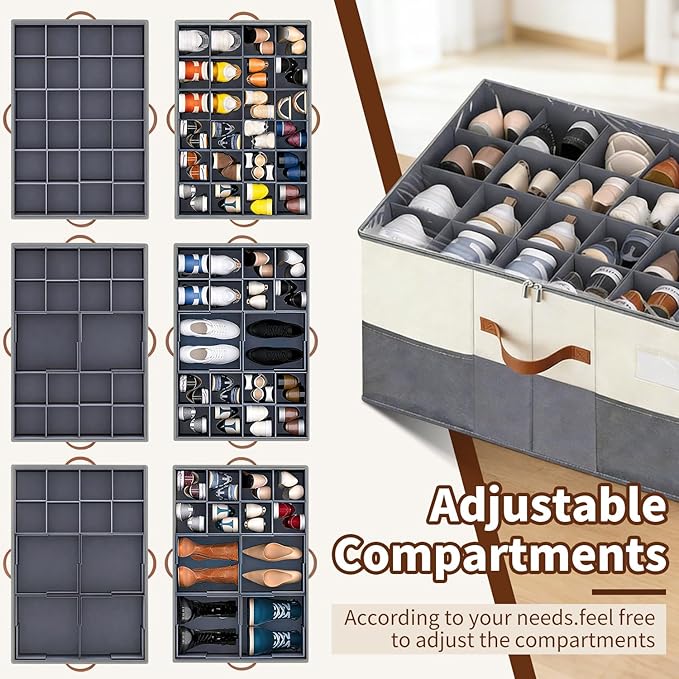 【Upgraded Larger Capacity】Shoe Organizer for Closet Fits 12-24 Pairs with Adjustable Dividers, Large Foldable Shoe Storage Box Bin with Clear Lid & 4 Handles, Plus 2 Mesh Pockets and Category Label