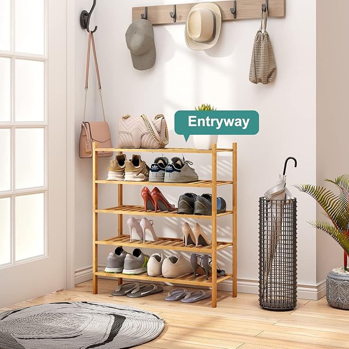 viewcare 5-Tier Bamboo Shoe Rack for Entryway, Stackable | Foldable | Natural, Shoe Organizer for Hallway Closet, Standing Shoe Racks for Indoor Outdoor