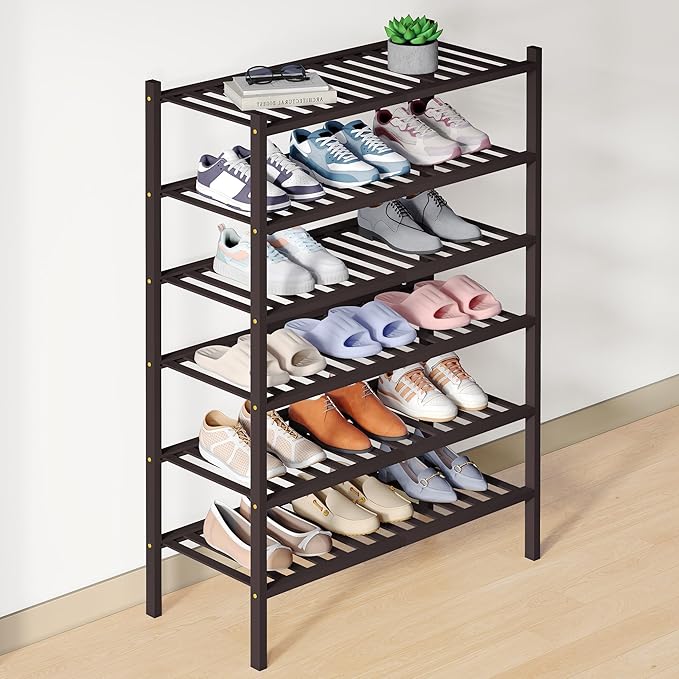 Bamboo Shoe Rack for Closet, 6 Tier Wooden Shoe Organizer, Brown