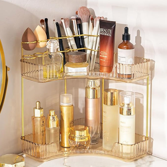 Shuang qing Upgraded 2-Tier Corner Bathroom Countertop Organizer, Vintage Gold