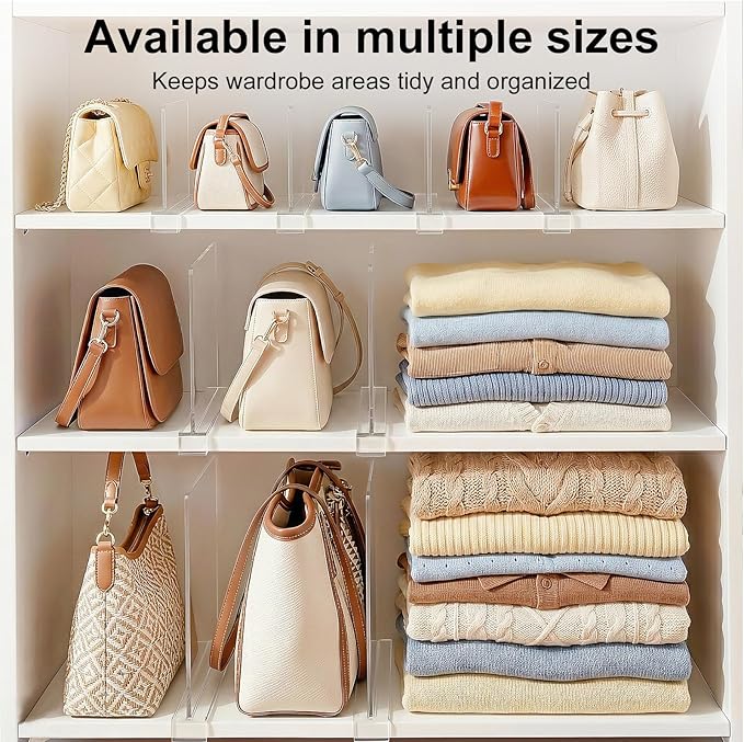 Purse Organizer for Closet Shelf Dividers: 6-inch Tall (Shorter Version) Adjustable Clear Acrylic Bag Storage Organizer for Handbags, Sweaters, Towels, Jeans and Shoes on Wood Shelves 8-Pack