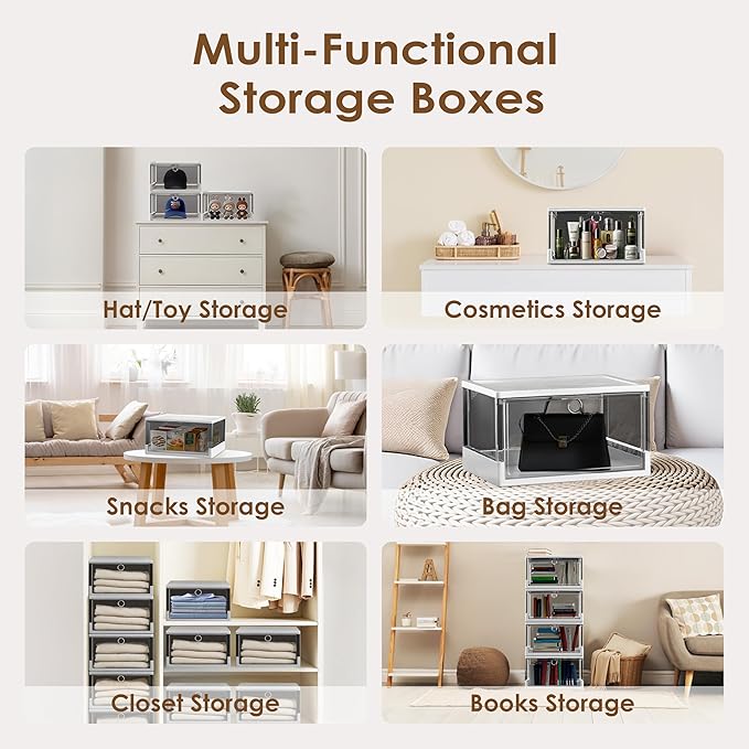Clear Stackable Shoe Boxes with Magnetic Door, 3 Pack Thick Plastic Shoe Organizer for Closet, Dustproof Storage, Fits up to US Size 13