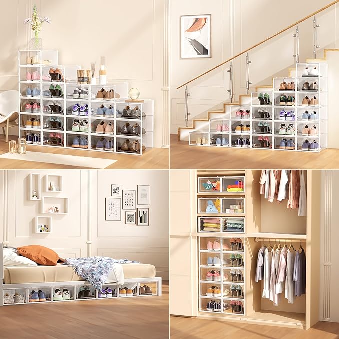 12 Pack X-Large Clear Shoe Storage Boxes, Stackable Modular Plastic Shoe Organizer Front-Opening Door, Fits up to US Size 9 to13, Ventilated Dust-Proof Sneaker Display Cases Closet and Entryway, White