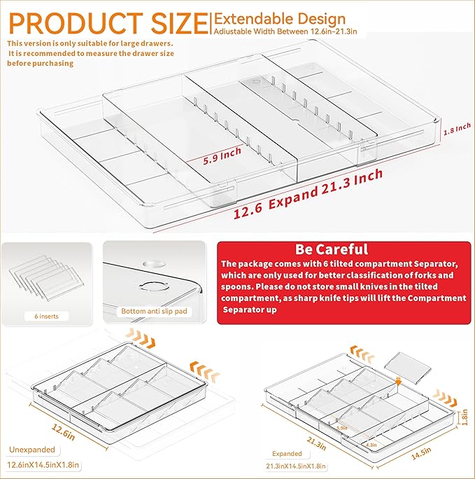 Large Expandable Silverware Organizer, Adjustable From 11'' to 21.3'', Spatula