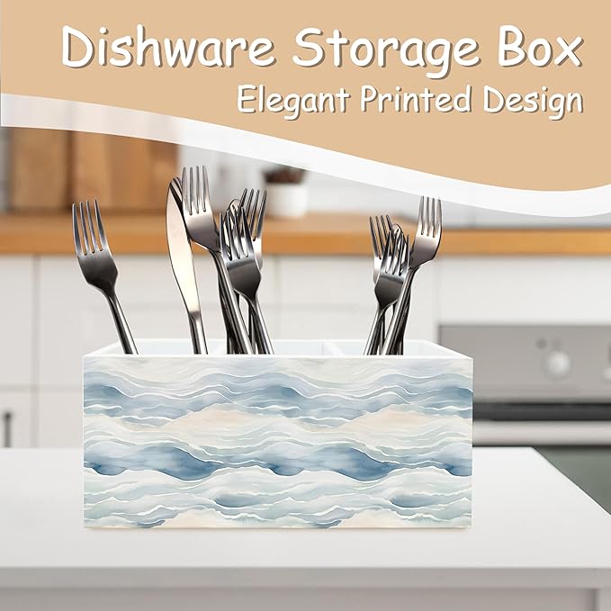 Ocean Waves Beach Pen Pencil Holder Organizer for Desk, Watercolor Coastal Beach Wooden Box Block Sign for Home Office Tabletop Decor