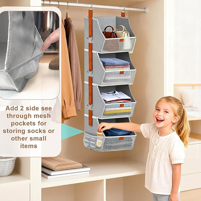 Fabric 4 Tier Hanging Closet Organizers Heavy Duty Shelf Hanging Storage Towel Clothes Sweater Jeans Bag Organizer For Closet For Bedroom,Dorm,RV,See Through Front Panel, Space-Saving (Grey-4Tier)