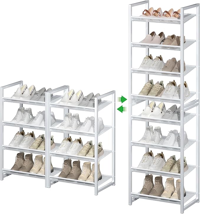 8 Tier Narrow Shoe Rack, Stackable Metal Shoe Storage, Holds 16-20 Pairs, Vertical Shoe Organizer for Garage Closet Entryway, White