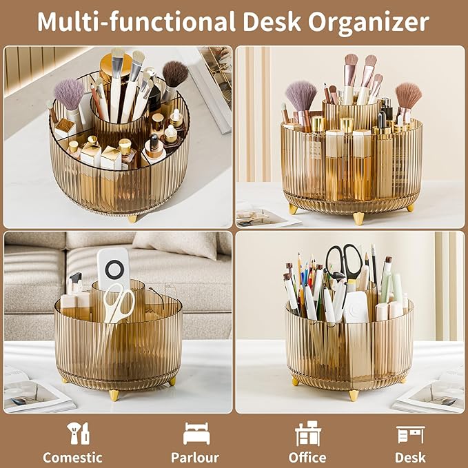 Fanado 360° Rotate Makeup Brush Holder Organizer, Clear Amber