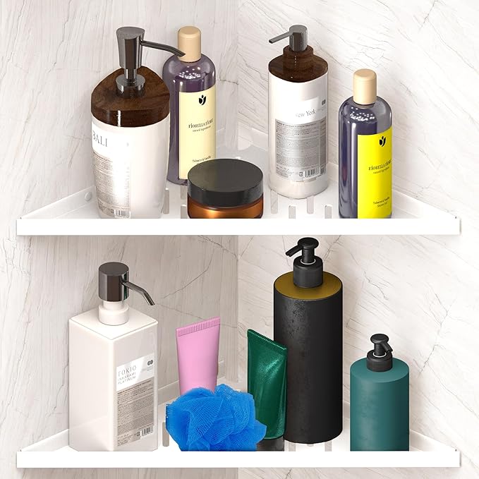Corner Shower Shelf for Inside Shower - Adhesive/Stick/Drill/No Drill - Floating Strong 14" White Corner Shower Shelves for Bathroom, Tiled Wall, Caddy Organizer, Kitchen, Shower