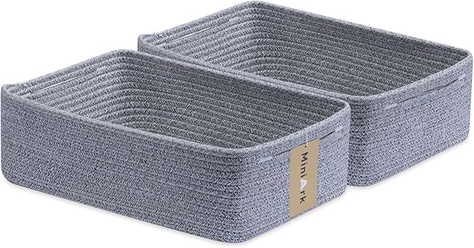 MiniArk Large Shallow Organizing Baskets 15x11x5.1 Inches - Rope Woven Storage Bins for Bathroom, Shelves, Cube Closet, Mixed Grey 2 Packs