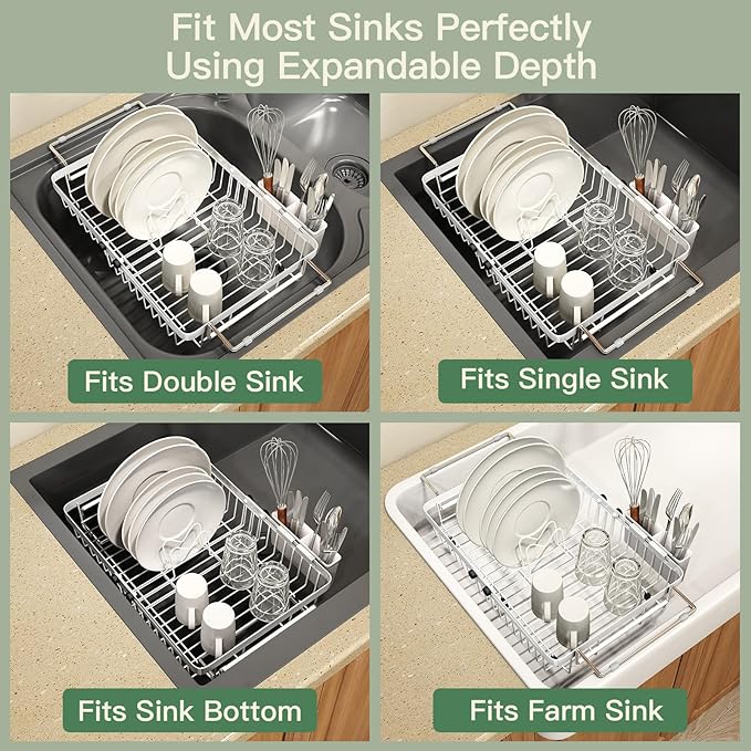 MAJALiS White Dish Drying Rack Over The Sink, Expandable Stainless Steel Dish Drainer for Small Kitchen Counter Space Saving, RV Compact Plate Strainer in Metal with Hanging Adjustable Utensil Holder