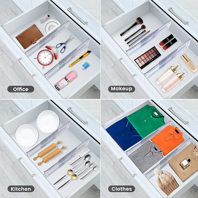 6 Pack Adjustable Drawer Dividers for Clothes,4" High Expandable From 13-21" Clear Drawer Organizers, PC Plastic Separators for Dresser/Bedroom/Bathroom/Kitchen/Office Storage