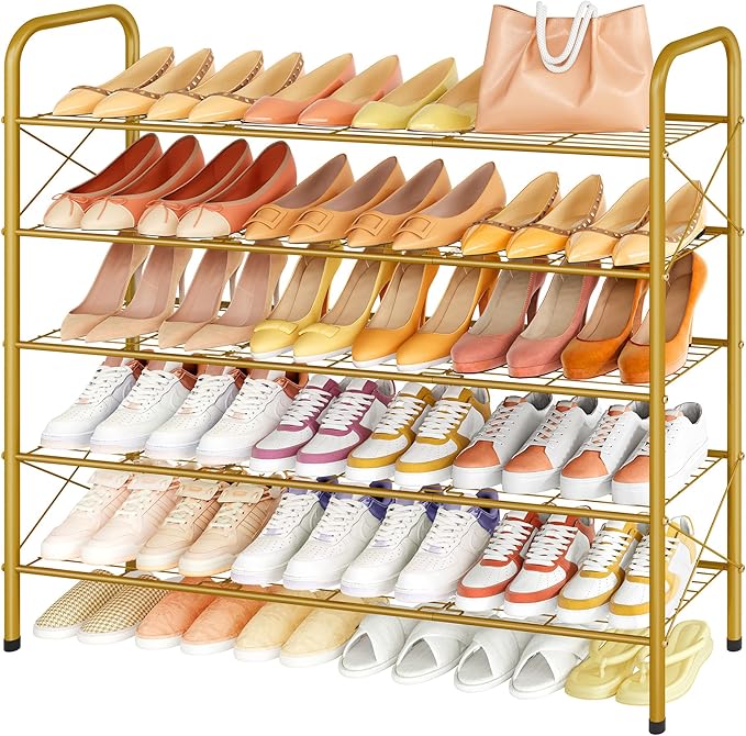 Hoctieon 5 Tier Shoe Rack for Closet, Durable Mesh Style Shoe Rack, Entryway Shoe Shelf, Shoe Storage Organizer for Hallway, Bedroom, Living Room, Wardrobe, Gold