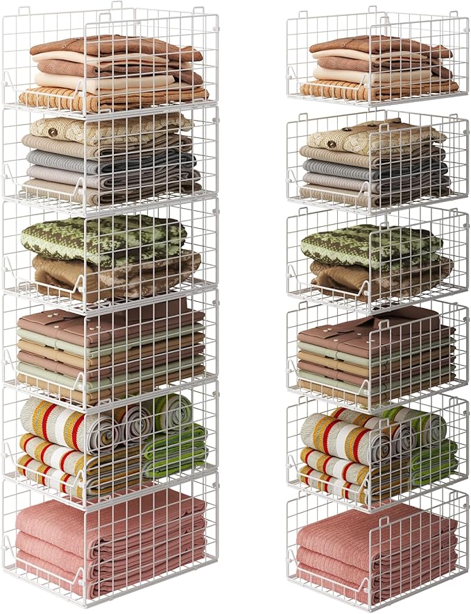 Jakyitvi 6-Tier Closet Shelf Organizer,Metal Stackable Closet Organizers and Storage,Clothes Storage Bins,Shelf Organizer Basket,Folded Shelf Organizer for Closet Wardrobe,White