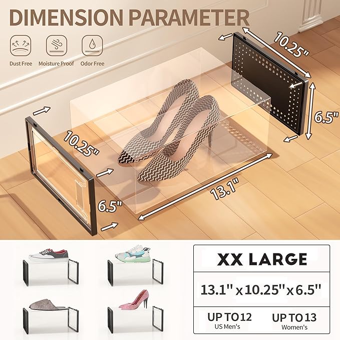 12 Pack XXX-Large Clear Shoe Storage Boxes, Stackable Modular Plastic Shoe Organizer Front-Opening Door, Fits up to US Size 9 to13, Ventilated Dust-Proof Sneaker Display Cases Closet, Entryway, Black