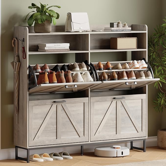 Shoe Cabinet with 4 Flip Drawers, Freestanding Hidden Shoe Storage Organizer for Entryway, Narrow Slim Shoe Rack Cabinet with Open Storage & Hooks for Front Door Entrance, Living Room, Hallway, Grey