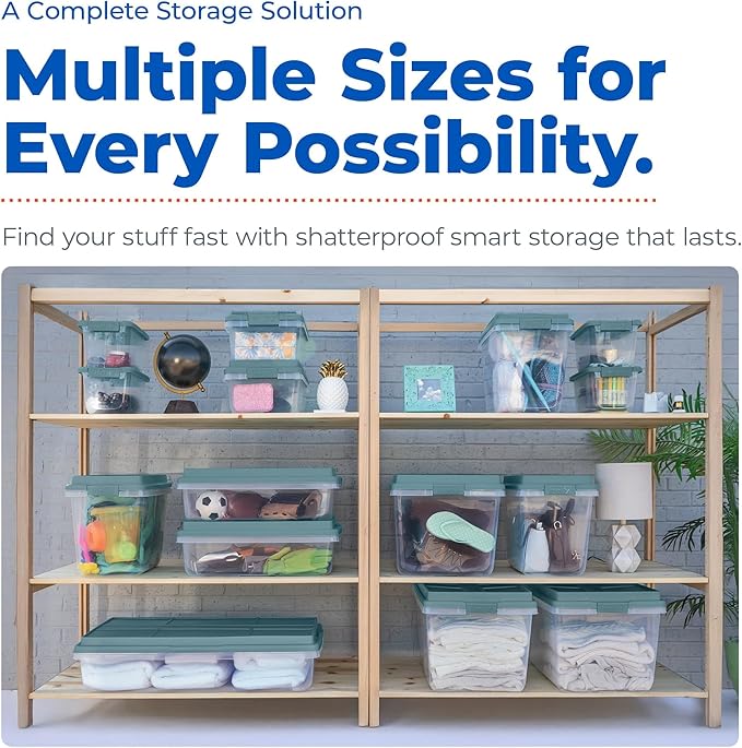 Hefty HI-RISE 40 Qt Stackable Storage Bins with Lids – 6 Pack Clear Plastic Under Bed Storage Containers, Shoe Organizer Boxes with XL Lid-Locking Latches, Comfort-Grip Handles, Durable Double Rim