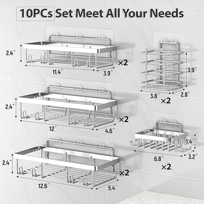 10 Pack Shower Caddy Organizer Rack Shelf for Inside Shower, Silver
