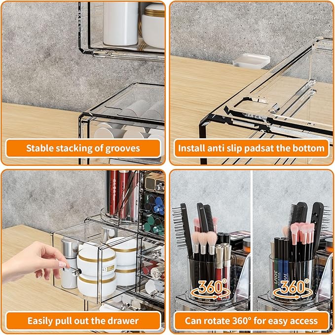 3 Pack Clear Acrylic Makeup Organizer for Vanity With 9 Drawer