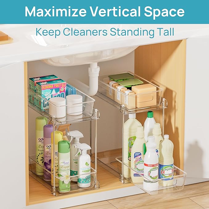 Vtopmart 2 Pack Higher Bathroom Organizer, 2 Tier White Under Sink Organizers Vanity Countertop Storage Container,Cabinet Drawers Bins, Pull-Out Organization with Track for Pantry, Kitchen