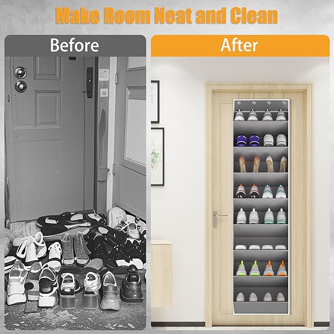 KYEVIS Over The Door Shoe Organizer Storage Fit 16-24 Pairs Hanging Shoe Rack Organiser for Closet Door, Deep Pocket Shoe Holder for Sneakers,Boots Storage(2 Pack Gray)