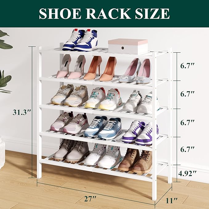 Smiry Bamboo Shoe Rack for Closet, 5 Tier Wooden Shoe Organizer, Stackable Wood Shoe Storage Shelf for Entryway, 14 Vertical Slats, 2+3 Stack Heavy-Duty Legs, 26.77"x11.02"x31.3", White