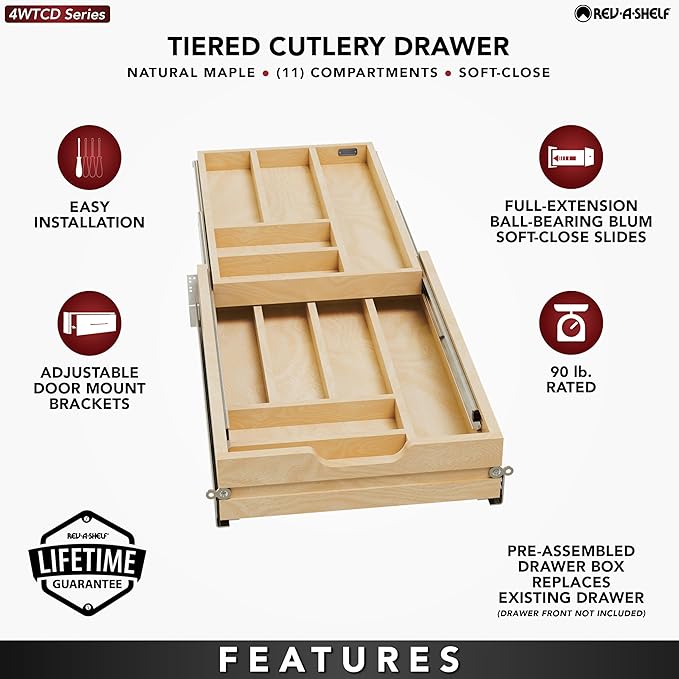 Rev-A-Shelf Two-Tier Kitchen Utensil Drawer Organizer & Pullout Cutlery Tray, Soft-Close Slides, 18" Base & 15" Cabinet Opening, Wood, 4WTCD-18HSC-1
