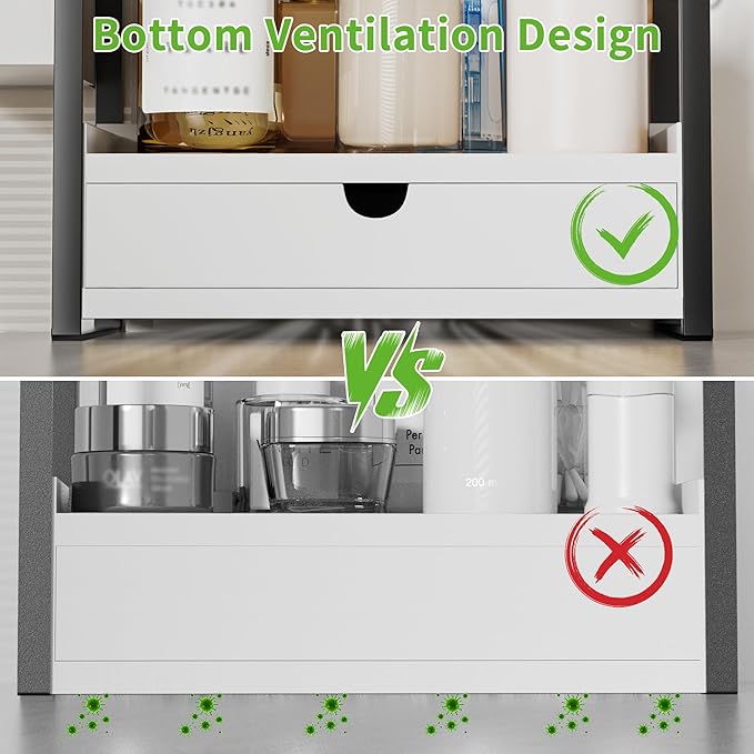 Kottwca 2-Tier Bathroom Counter Organizer with Drawer, Basket & Hooks, Wooden Vanity Shelf for Skincare, Perfume & Makeup Storage(White)