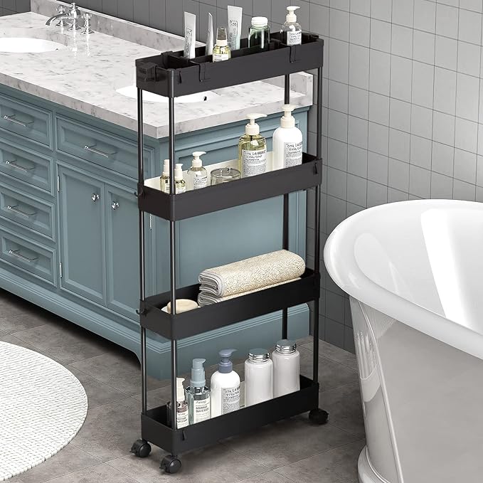 Slim Storage Cart 4 Tier, Bathroom Organizer Rolling Utility, Black