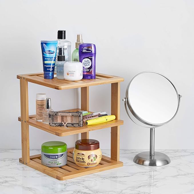 Bamboo Corner Shelf - 3 Tier 10 x 10 inch and 11.5 inches high. Kitchen Cabinet Organizer - Pantry Organization and Storage - Bathroom Countertop Shelves