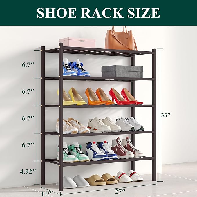 Smiry Bamboo Shoe Rack, 5 Tier Free Standing Wooden Shoe Organizer, Stackable Wood Shoe Storage Shelf for Closet, Entryway, 12 Vertical Slats, 2+2+1 Stack Standard Legs, 26.8"x11"x32.5", Brown