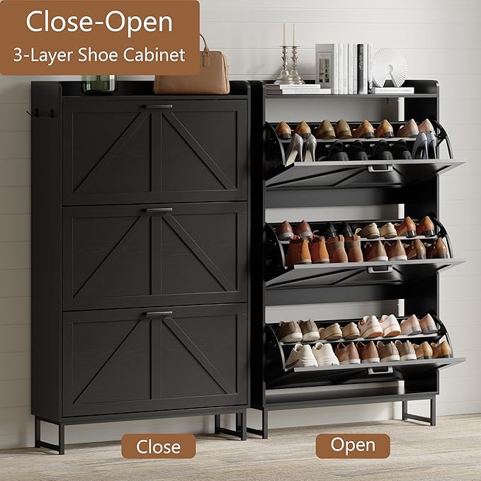 Shoe Cabinet with 3 Flip Drawers, Freestanding Hidden Shoe Storage Organizer for Entryway, Narrow Slim Shoe Rack Cabinet with Open Storage & Hooks for Front Door Entrance, Living Room, Hallway, Black