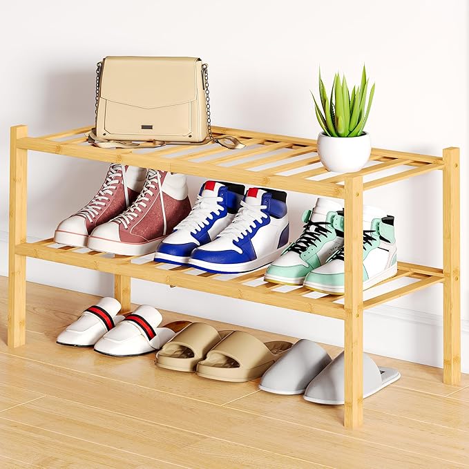 Smiry Bamboo Shoe Rack, 2 Tier Free Standing Wooden Shoe Organizer, Stackable Wood Shoe Storage Shelf for Closet, Entryway, 12 Vertical Slats, One-piece Standard Legs, 26.8"x11"x13", Natural