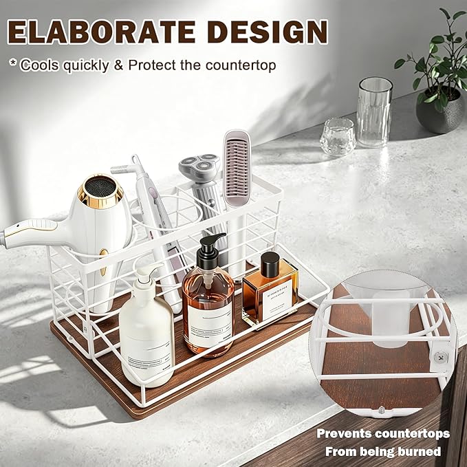Hair Tool Organizer, Movable Hair Dryer Holder, 12" x 7.7" x 5.8", Wood-White