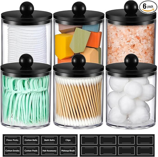 6 Pack Acrylic Qtip Holder Dispenser for Cotton Swabs, Balls, Pads, Floss