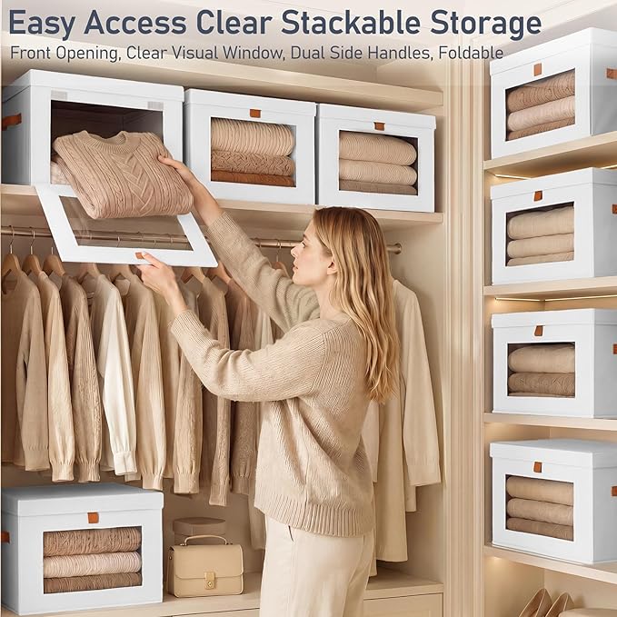 DIMJ Storage Bins with Lids - 5 Pack Front Opening Stackable Fabric Storage Boxes with Clear Window & Handles, Collapsible Closet Organizers for Clothes, Sweaters, Shelf Storage, Bedroom, White