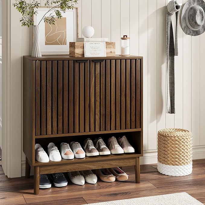 Kiasthome Shoe Storage Cabinet with Adjustable Shelves, Wooden Shoe Organizer, Shoes Rack for Entryway, Hallway, Living Room (Walnut, 27.56" W)