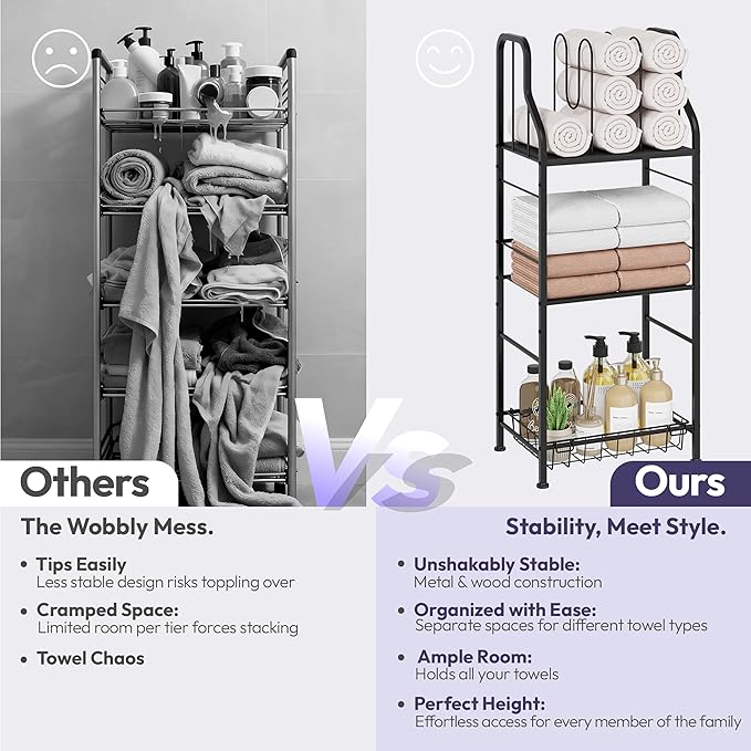 SWTYMIKI Free Standing Towel Rack - 3 Tier M-Shaped Detachable Dividers Towel Shelf for Bathroom, Durable Metal Pool Towel Holder, Modern Space-Saving Bath Towel Storage Organizer