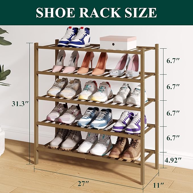 Bamboo Shoe Rack for Closet, 5 Tier Wooden Shoe Organizer, Walnut