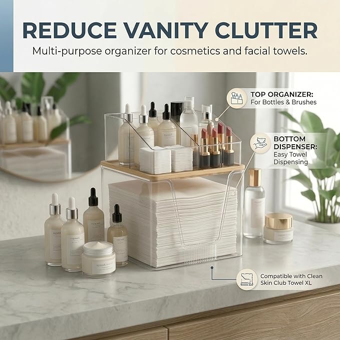 Disposable Facial Towels Holder with Bamboo Lid, 2 in 1 Facial Towels Storage Box and Cosmetics Organizer, Clear Acrylic Box Stackable Vanity Organizer Compatible with Clean Skin Club Towel XL